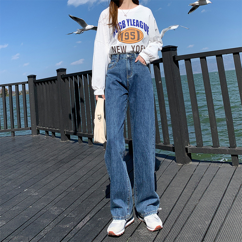 봄 여름 여성 청바지 하이 웨이스트 와이드 레그 팬츠 청바지 블루 스트리트 스타일 레트로 2021 패션 스트레이트 팬츠, 신제품